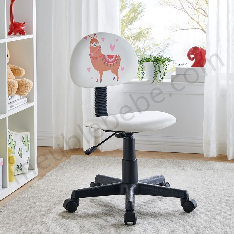 Chaise de bureau pour enfant ALPACA fauteuil pivotant sans accoudoirs hauteur réglable, en synthétique blanc avec motif lama en solde - -1