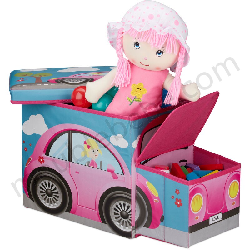 Tabouret Coffre à jouets boîte à jouets couvercle pouf enfant pliable auto voiture 50 litres, rose ventes - -0