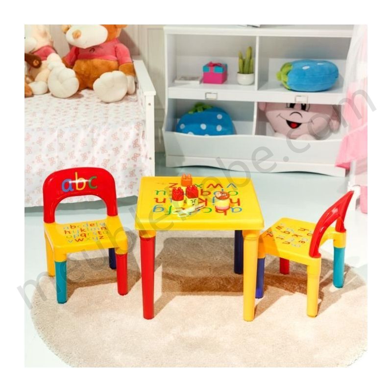 COSTWAY Table et Chaises pour Enfant en Plastique DIY ABC Alphabet Imprimé Table de Salle avec Créativité Meuble Jouet Ensemble de 1 Table + 2 Chaises Couleurs Vives en solde - -3
