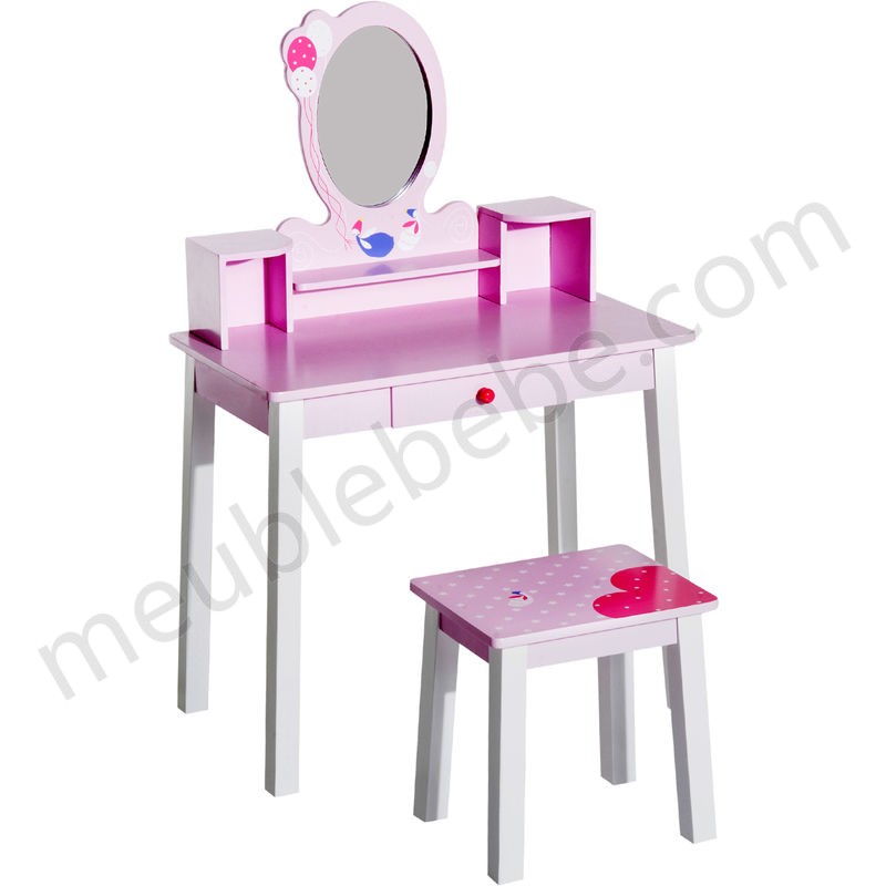Coiffeuse enfant table de maquillage avec tabouret, 1 tiroir, miroir 59 x 39 x 92 cm bois rose en solde - -0