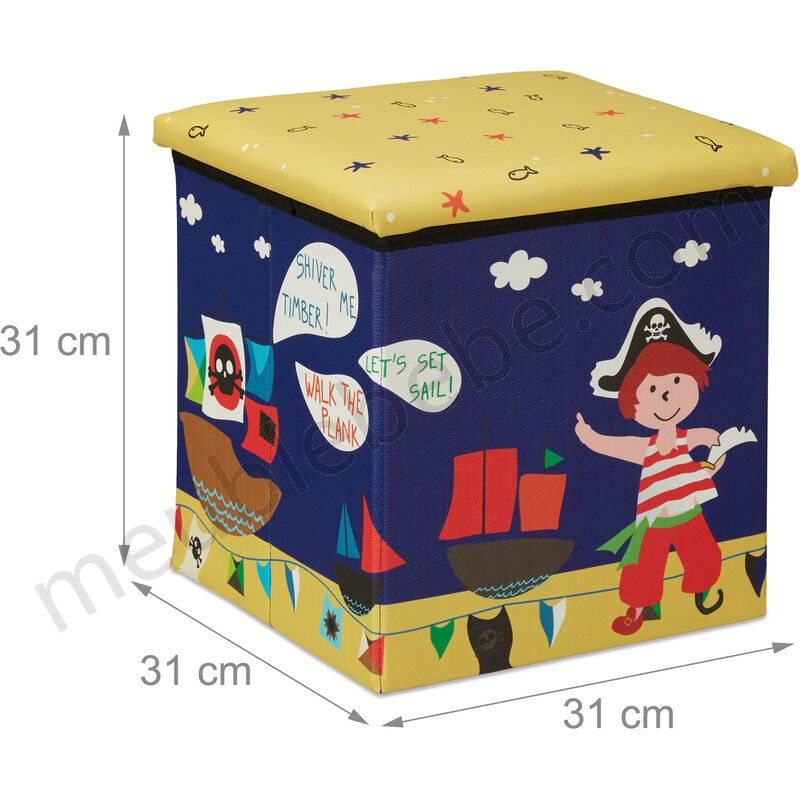 Tabouret enfants, boîte siège pliable, avec espace de rangement, design pirate, HxlxP 31x31x31cm ventes - -3