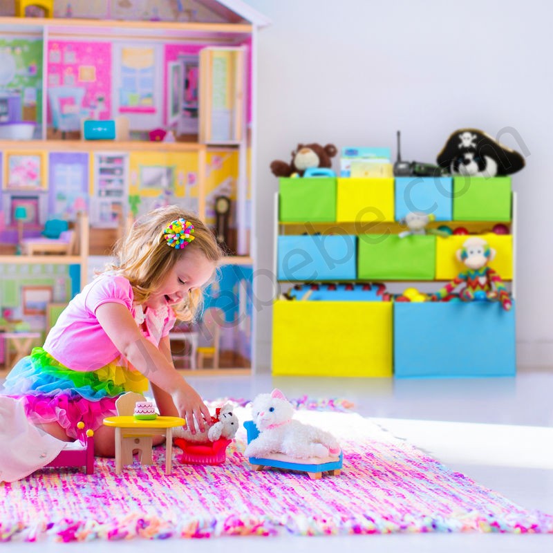 Etagère enfants, 9 boîtes en tissu, motif feu de camp, meuble pour jouets, HxlxP 66x82,5x29,5 cm,coloré en solde - -2