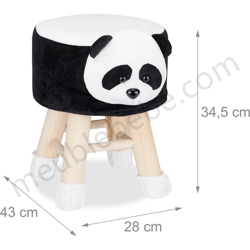 Tabouret enfant motifs animaux pouf 4 pieds assise rembourrée décoration amusant panda, noir blanc en solde - -3