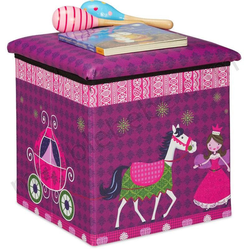 Tabouret enfants, boîte siège pliable, avec espace de rangement, design princesse, HxlxP 31x31x31cm ventes - -0
