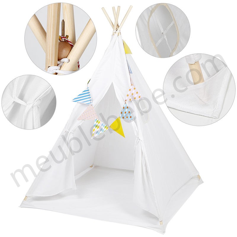 Tente de tipis pour enfant tente indiennes de jeu classique en toile 100% coton blanc en solde - -2