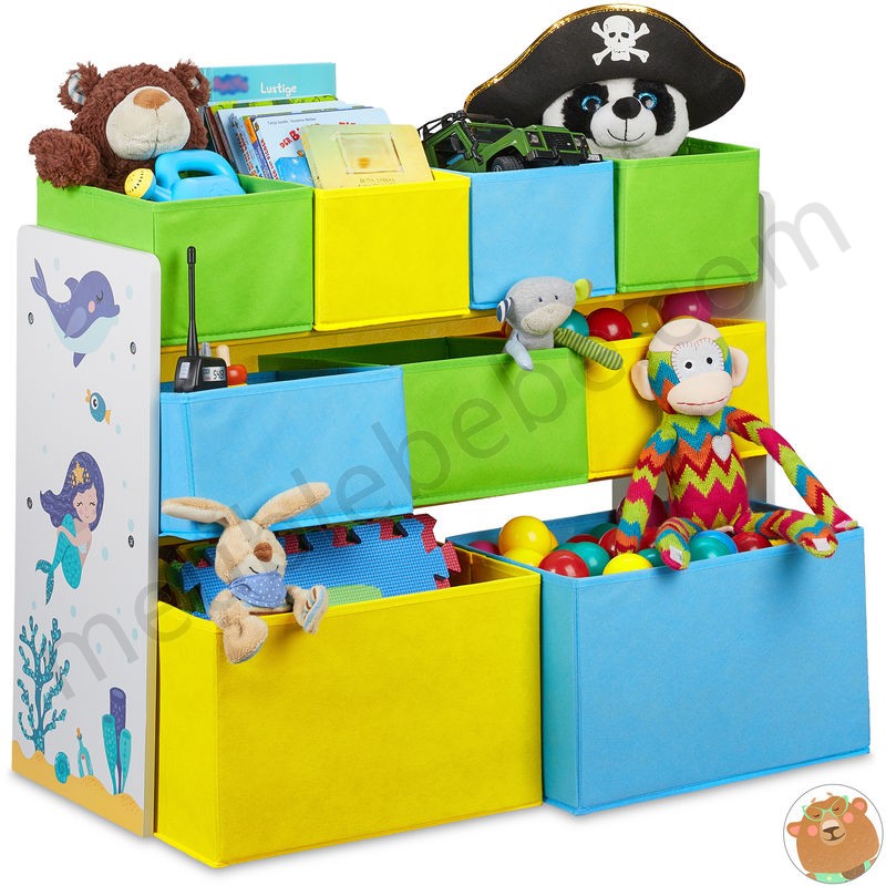 Etagère enfants, 9 boîtes en tissu, motif sirène, meuble pour jouets, HxlxP 66x82,5x29,5 cm,coloré ventes - -0