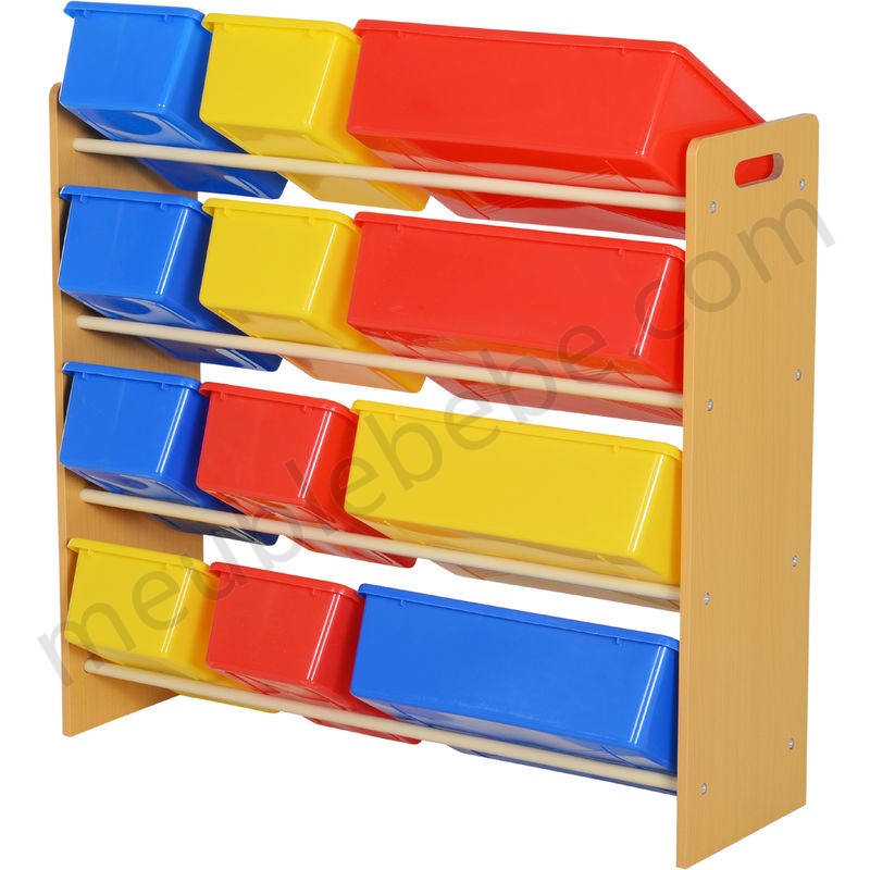Étagère pour jouets enfants meuble de rangement 12 casiers plastique amovibles inclus cadre MDF coloris bois de hêtre en solde - -3