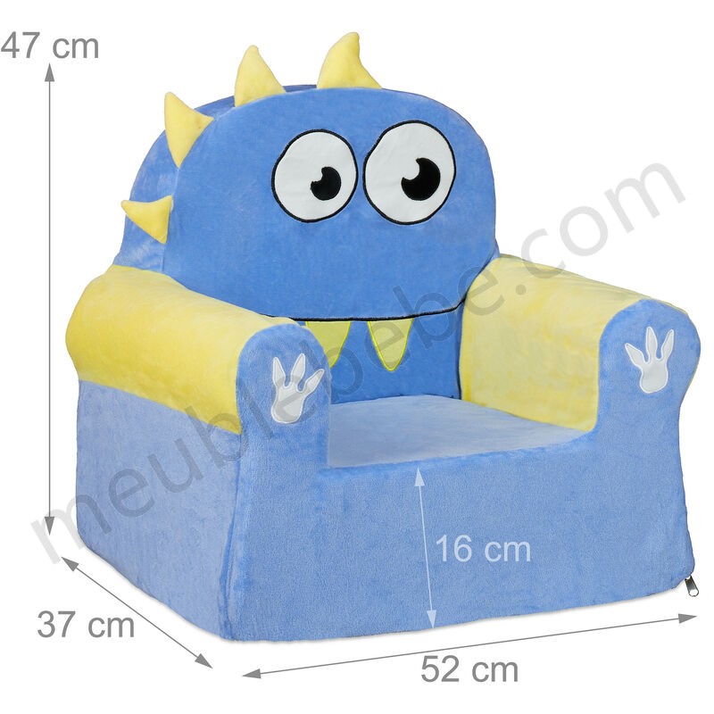 Fauteuil enfants, sofa moelleux pour garçons et filles, bébés, HlP 47x52x37 cm, choix de couleurs bleu / jaune en solde - -3