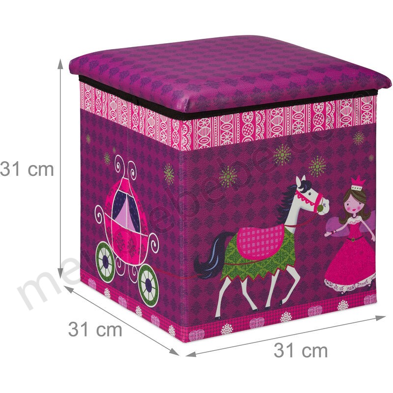 Tabouret enfants, boîte siège pliable, avec espace de rangement, design princesse, HxlxP 31x31x31cm ventes - -3