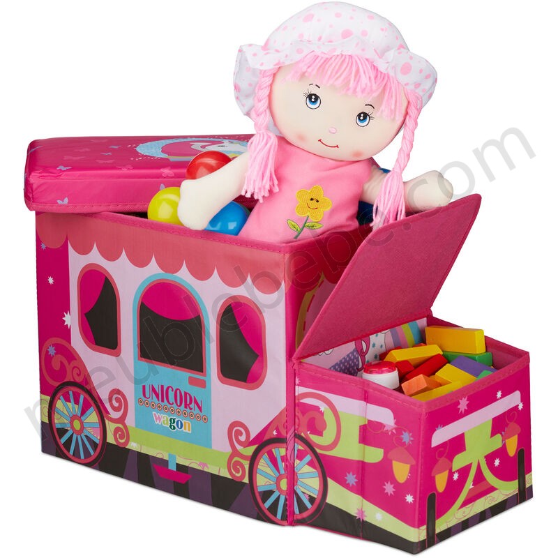 Tabouret Coffre à jouets boîte à jouets couvercle pouf enfant pliable auto voiture 50 litres licorne rose en solde - -0