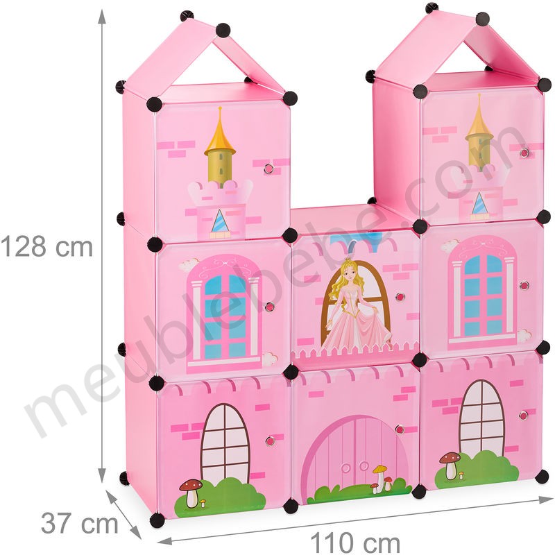 Etagère emboîtable chambre d'enfants,Château de princesse, Plastique, Armoire DIY avec portes, HlP128x110x37cm en solde - -3