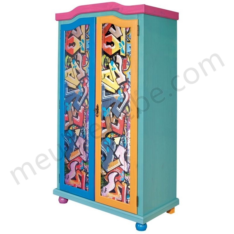 Armoire penderie à portes battantes motifs graffiti en bois massif multicolore - L103 x H200 x P55 cm -PEGANE- en solde - -0