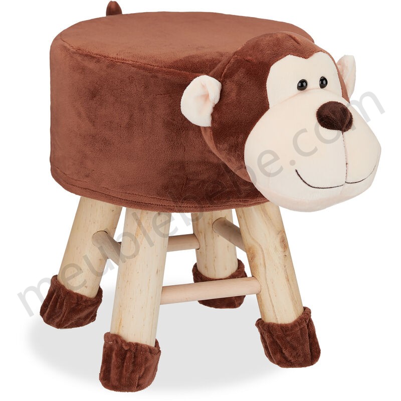 Tabouret enfant motifs animaux pouf 4 pieds assise rembourrée décoration amusant singe, marron en solde - -0