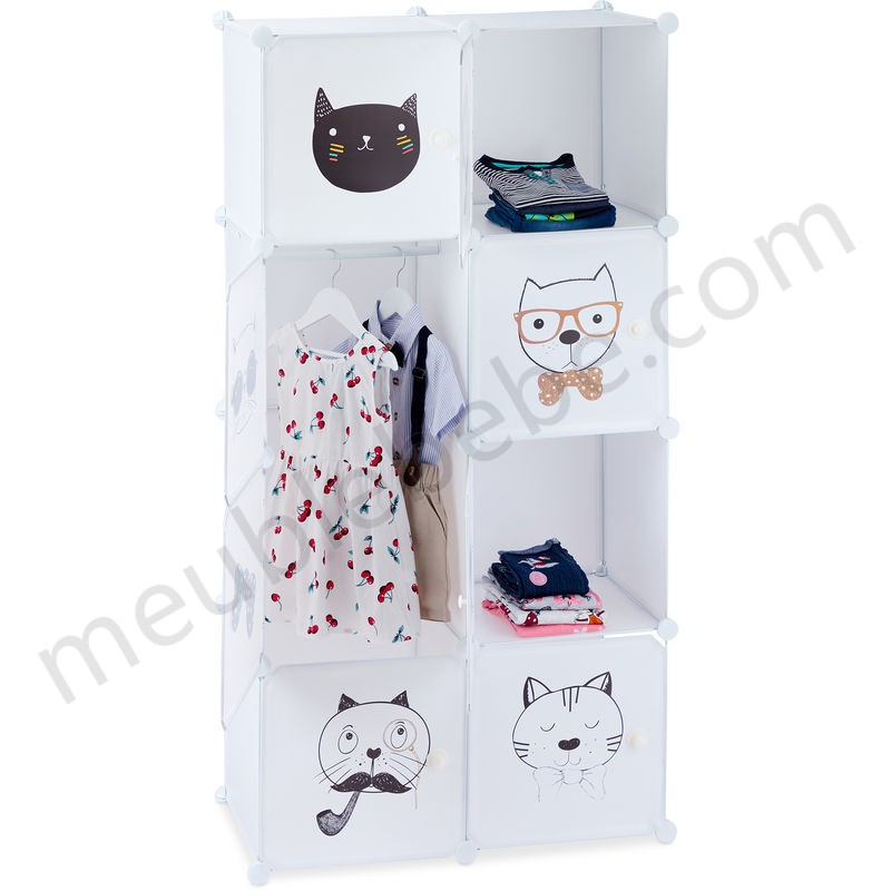 Etagère plug-in Chambre d'enfants, motif chats, 7 casiers, tringle à vêtements HxlxP:145 x 74 x 36,5 cm,blanc en solde - -0