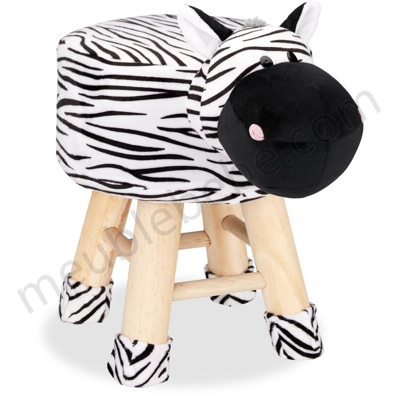 Tabouret enfant motifs animaux pouf 4 pieds assise rembourrée décoration amusant zebre, noir blanc en solde - -0