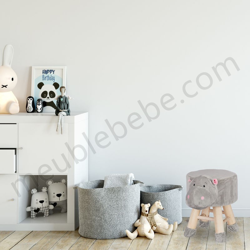 Tabouret enfant motifs animaux pouf 4 pieds assise rembourrée décoration amusant hippopotame, gris ventes - -1