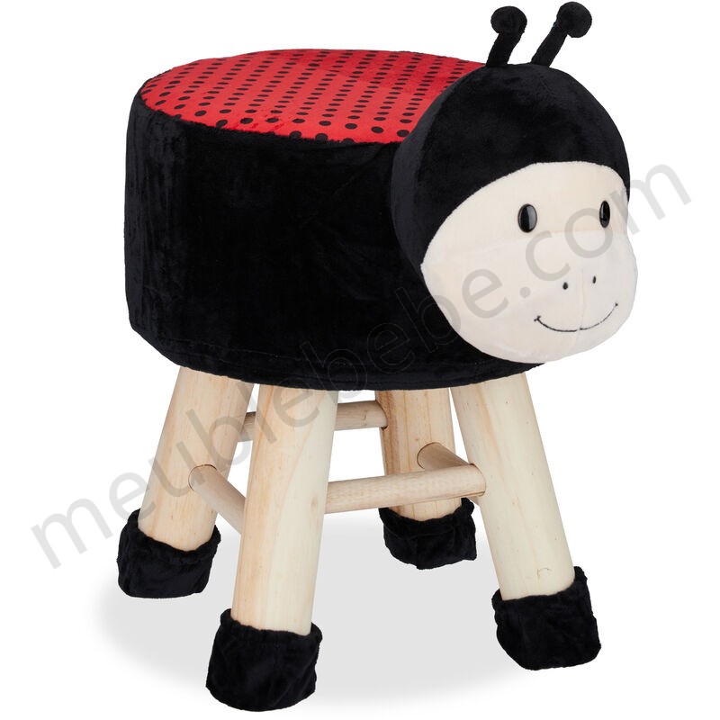 Tabouret enfant motifs animaux pouf 4 pieds assise rembourrée décoration amusant coccinelle, noir rouge ventes - -0