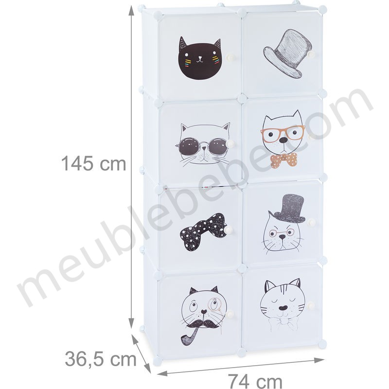 Etagère plug-in Chambre d'enfants, motif chats, 7 casiers, tringle à vêtements HxlxP:145 x 74 x 36,5 cm,blanc en solde - -3