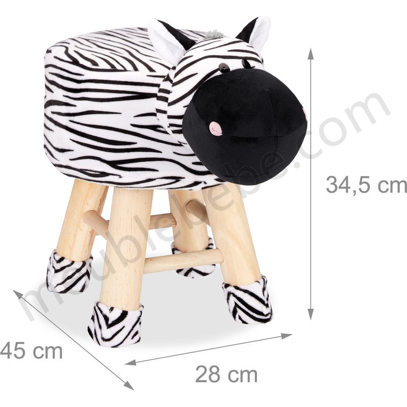 Tabouret enfant motifs animaux pouf 4 pieds assise rembourrée décoration amusant zebre, noir blanc en solde - -3