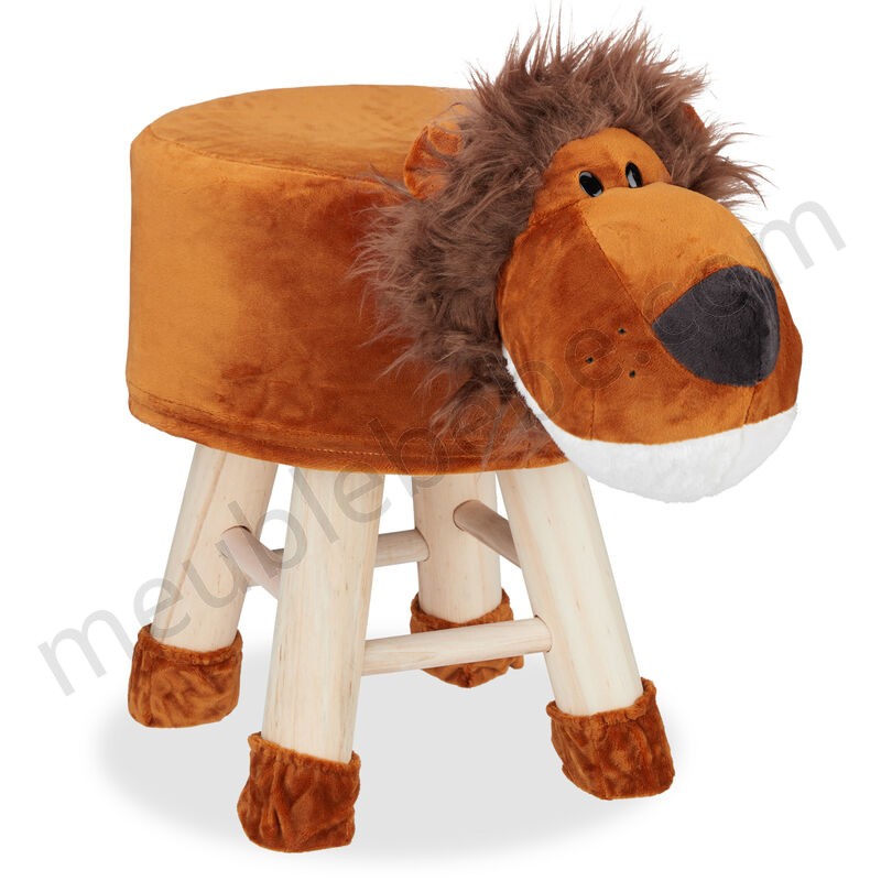 Tabouret enfant motifs animaux pouf 4 pieds assise rembourrée décoration amusant lion, marron ventes - -0