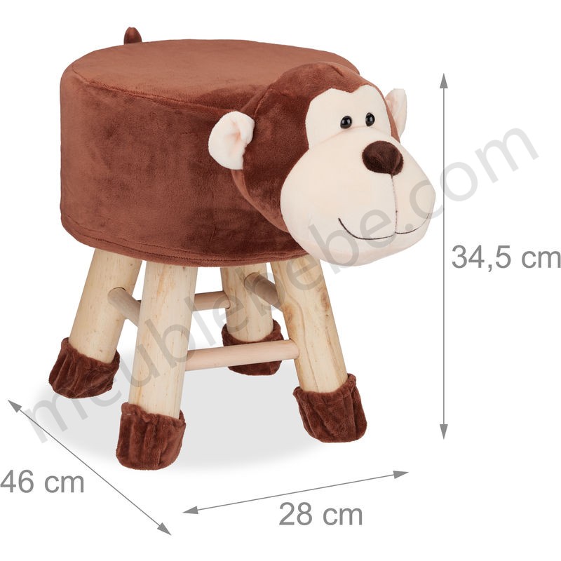 Tabouret enfant motifs animaux pouf 4 pieds assise rembourrée décoration amusant singe, marron en solde - -3