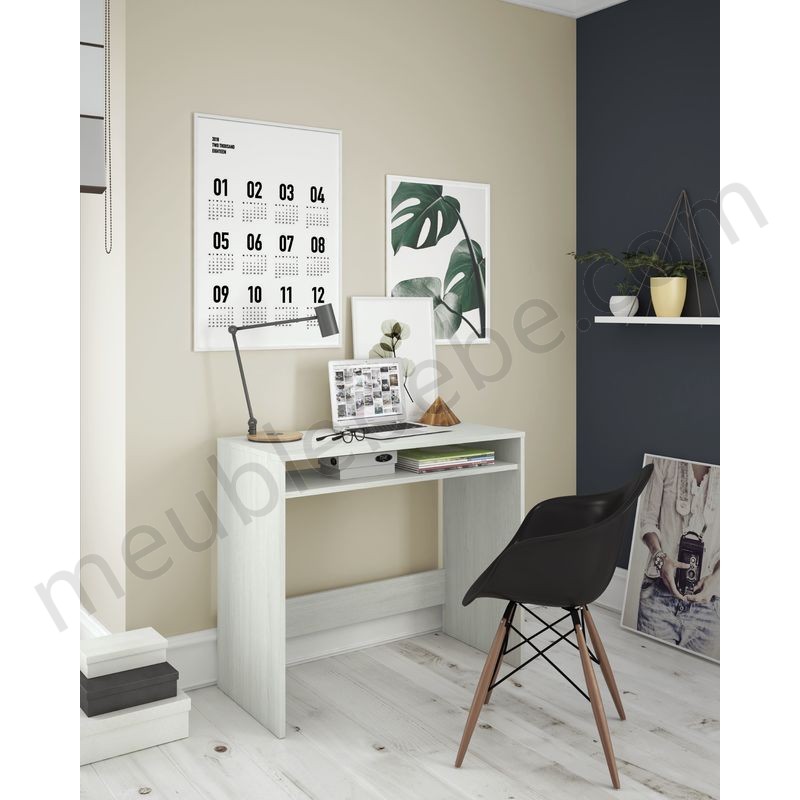 Bureau avec étagère fixe sous la table, effet bois poli blanc, 79 x 78 x 43 cm. en solde - -2