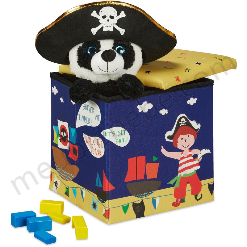 Tabouret enfants, boîte siège pliable, avec espace de rangement, design pirate, HxlxP 31x31x31cm ventes - -0