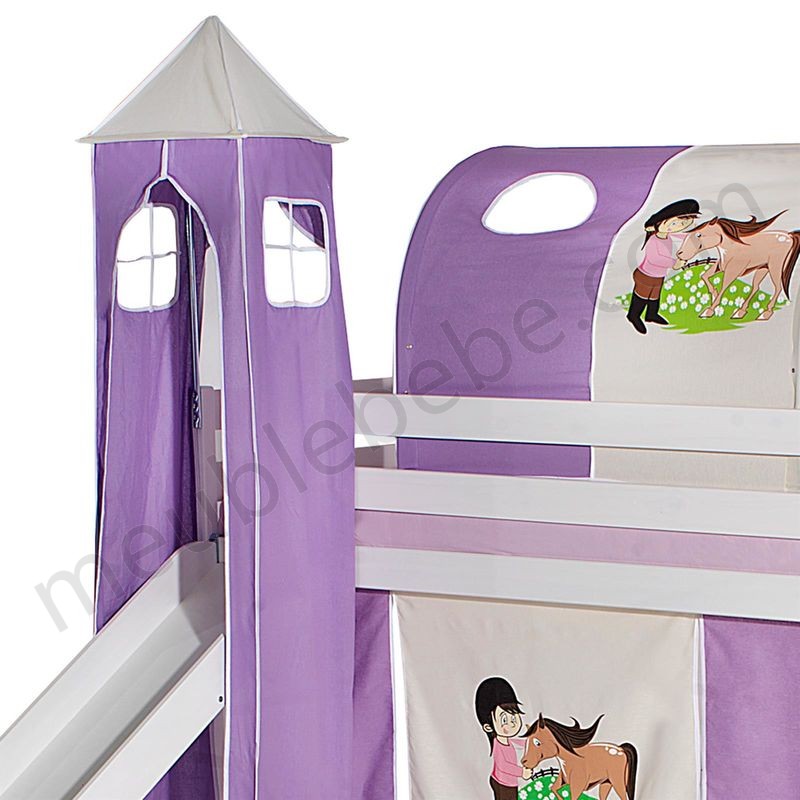 Donjon tour pour lit surélevé superposé mi-hauteur mezzanine avec toboggan tissu coton motif poney violet en solde - -0