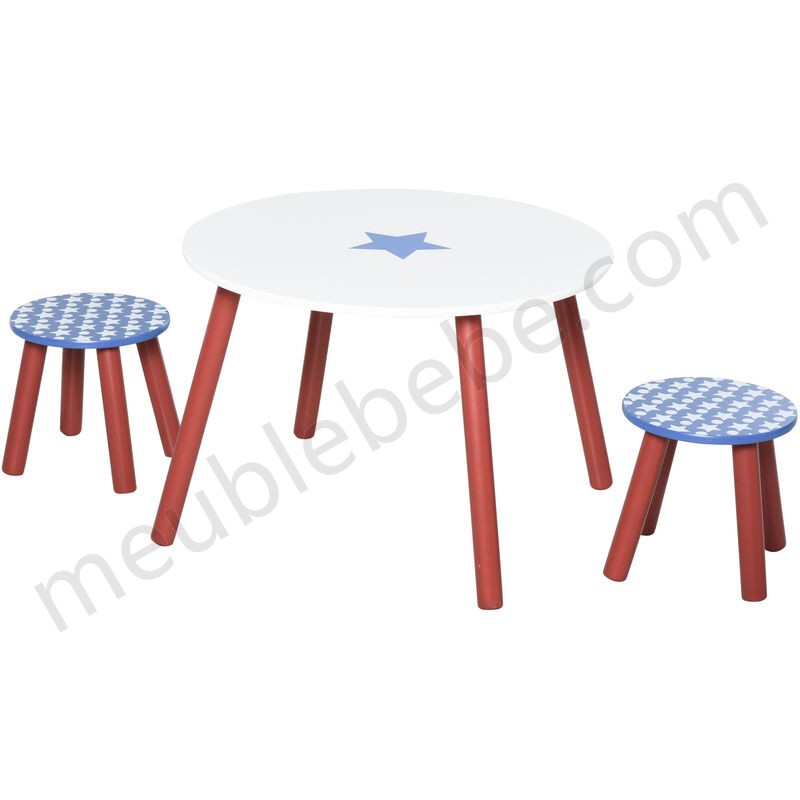 Ensemble table et chaises enfant - table ronde + 2 tabourets - motif étoilé - bois pin MDF bleu blanc en solde - -0