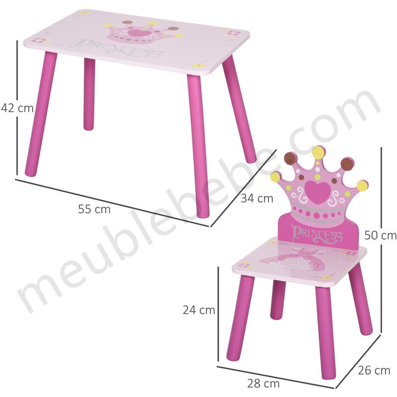 Ensemble table et chaises enfant design princesse motif couronne bois pin MDF rose en solde - -2