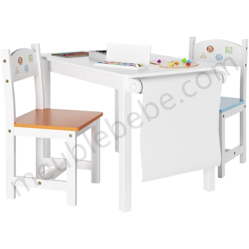 FIXKIT Ensembles de table et chaises pour enfants Meubles d'étude pour enfants 1x table et chaises 2X avec porte-rouleaux en bois en solde - -0