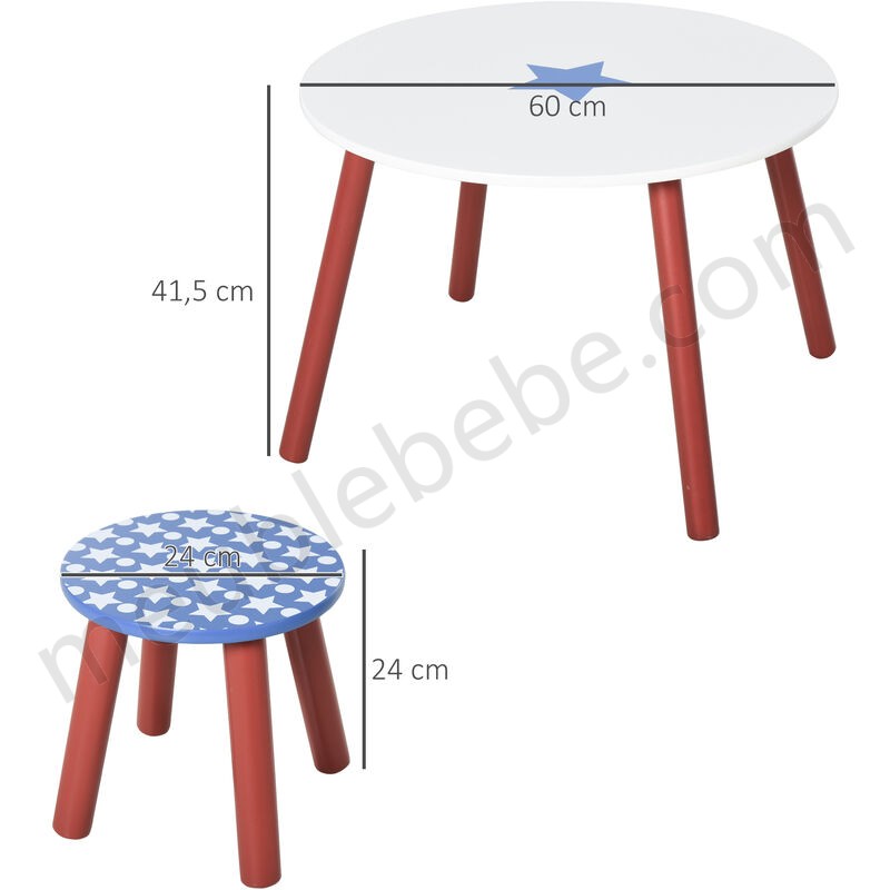 Ensemble table et chaises enfant - table ronde + 2 tabourets - motif étoilé - bois pin MDF bleu blanc en solde - -2
