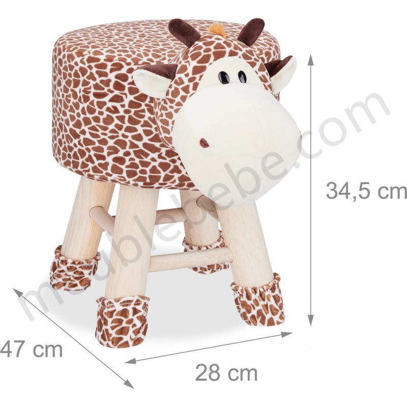 Tabouret enfant motifs animaux pouf 4 pieds assise rembourrée décoration amusant girafe, marron en solde - -3
