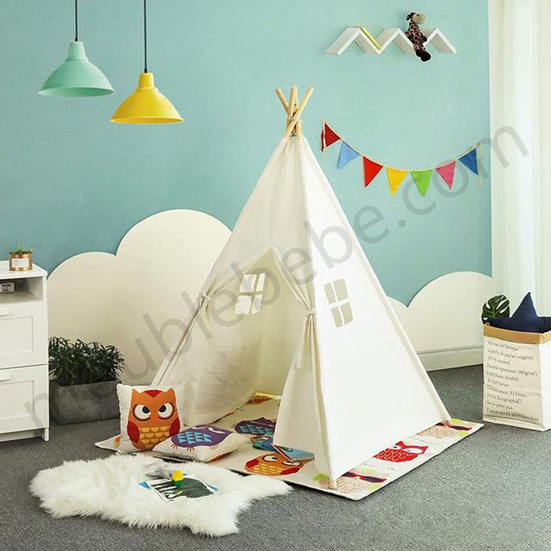 DazHom®120 * 120 * 150cm blanc avec tapis de sol + drapeaux colorés tente en coton pour enfants + pin en solde - -3