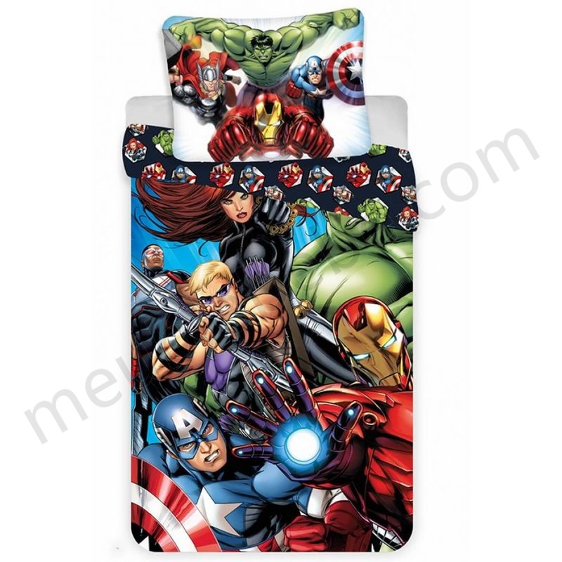 Parure de lit réversible Marvel Avengers - modèle avec Captain America, Falcon, Iron Man, Hulk, Hawkeye et Black Widow ventes - -0