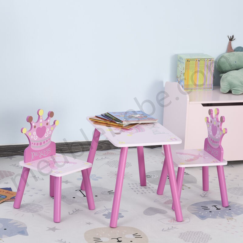 Ensemble table et chaises enfant design princesse motif couronne bois pin MDF rose en solde - -1