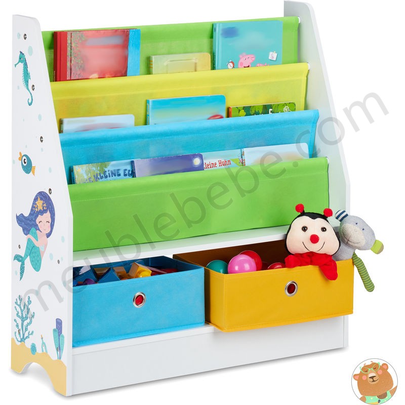Etagère enfants, motif mer, 2 boîtes, 2 compartiments, rangement jouets, bibliothèque 74x71x23 , coloré ventes - -0