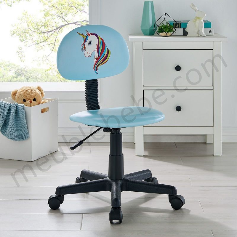 Chaise de bureau pour enfant UNICORN fauteuil pivotant sans accoudoirs hauteur réglable en synthétique bleu clair avec motif licorne en solde - -1