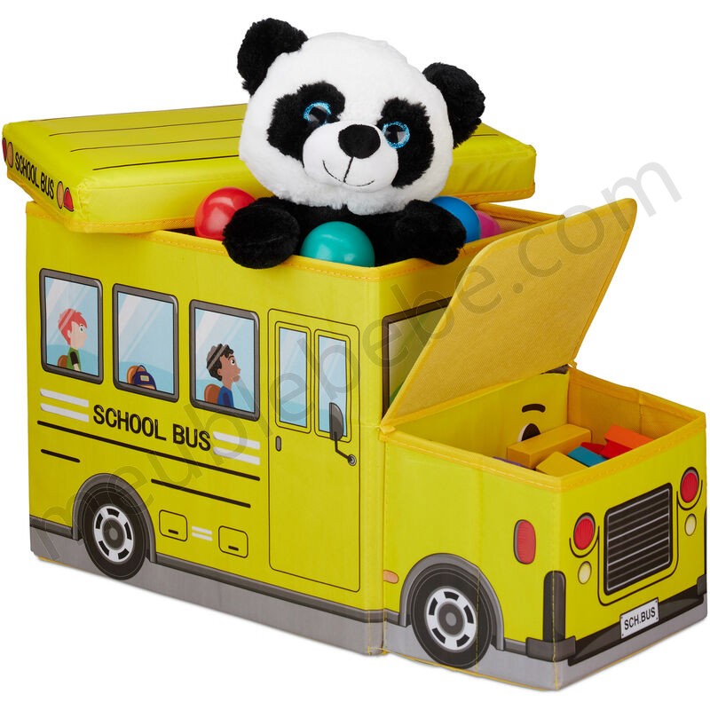 Tabouret Coffre à jouets boîte à jouets couvercle pouf enfant pliable bus école jaune voiture 50 litres en solde - -0