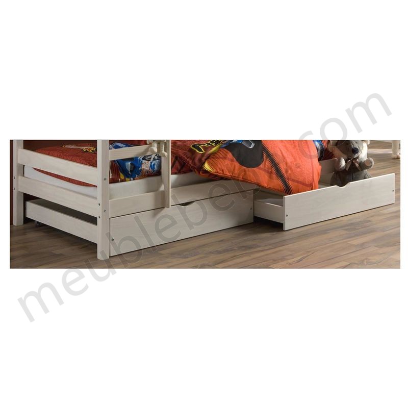 Lot de 2 tiroirs FELIX pour lit enfant en 90x200 cm, rangement sous lit simple ou superposé, en pin massif lasuré blanc en solde - -0