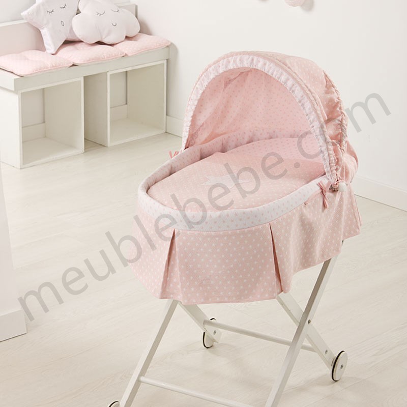 Couffin bébé rose avec marquise et matelas motif étoiles tissées - H.25 x L.80 x P.38cm - PEGANE - ventes - -0