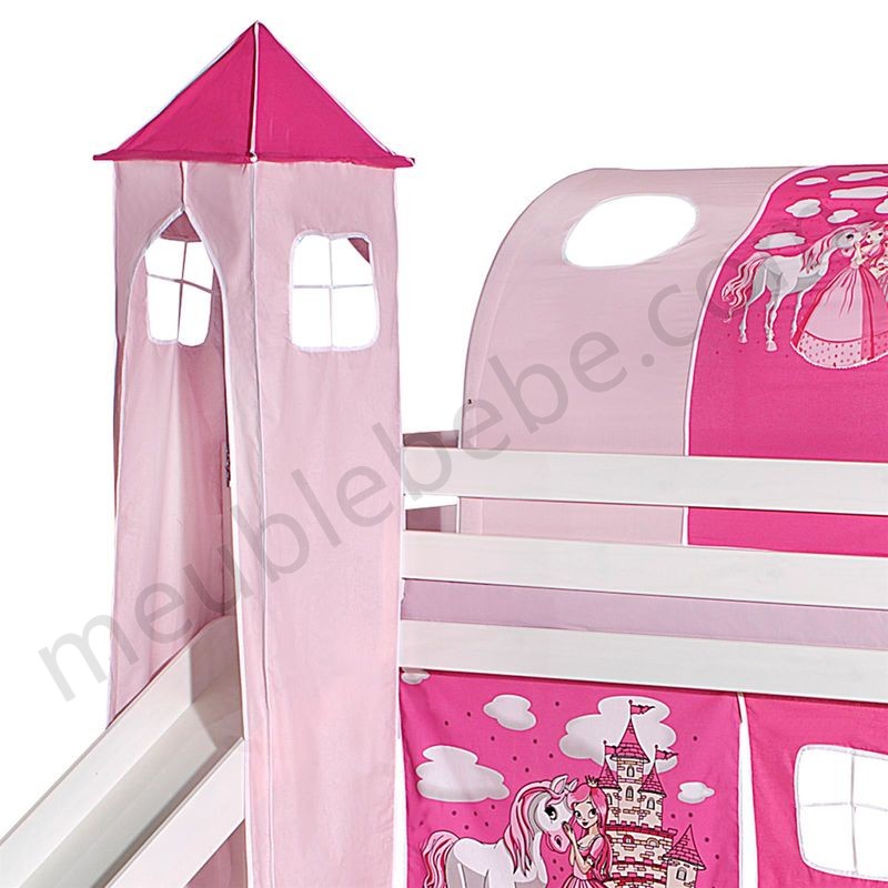 Donjon tour pour lit surélevé superposé mi-hauteur mezzanine avec toboggan tissu coton motif princesse rose ventes - -0