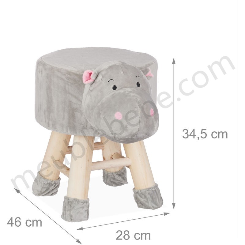Tabouret enfant motifs animaux pouf 4 pieds assise rembourrée décoration amusant hippopotame, gris ventes - -3