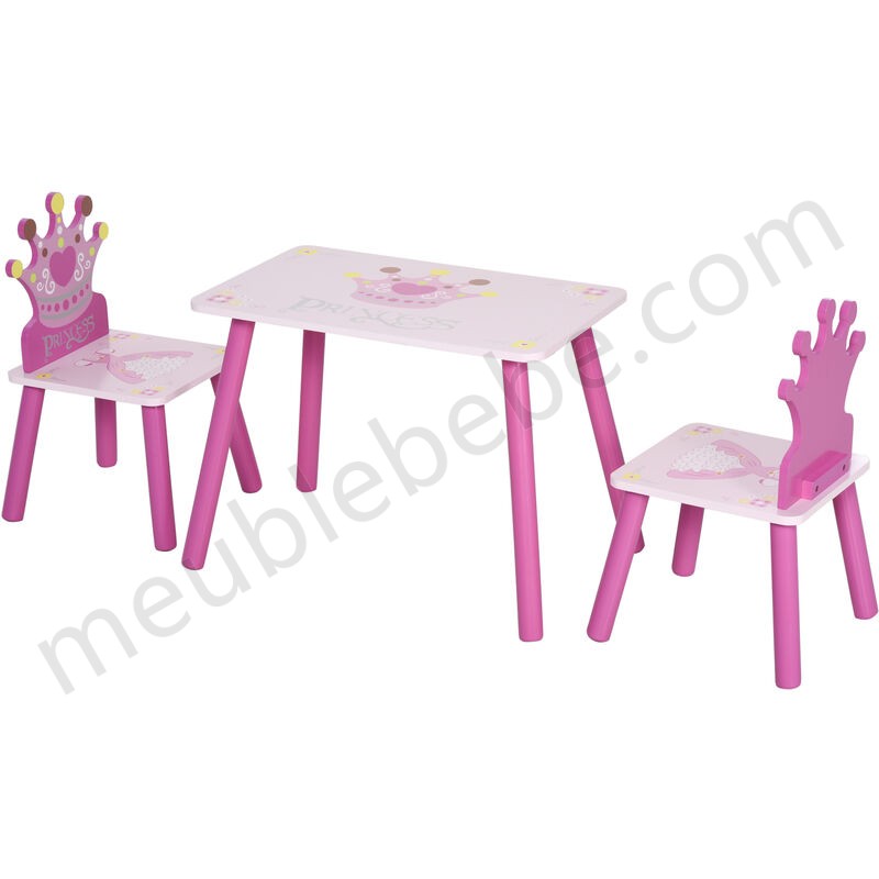 Ensemble table et chaises enfant design princesse motif couronne bois pin MDF rose en solde - -0
