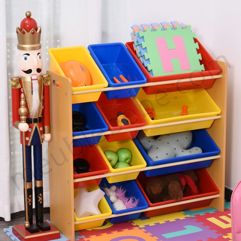 Étagère pour jouets enfants meuble de rangement 12 casiers plastique amovibles inclus cadre MDF coloris bois de hêtre en solde - -1
