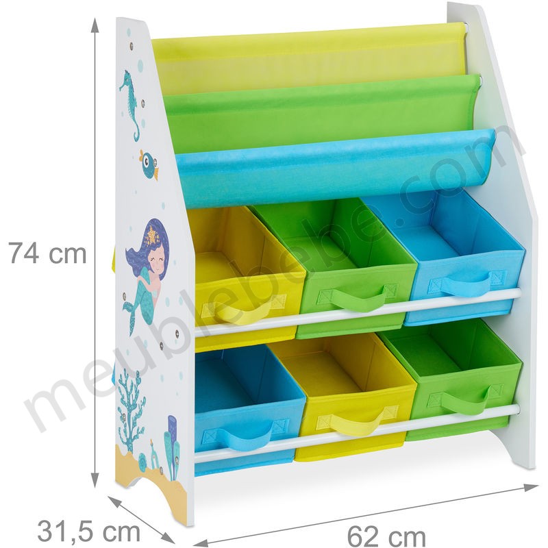 Etagère enfants, motif mer, 6 boîtes, 2 compartiments, rangement jouets, bibliothèque HlP 74x62x31,5 cm,coloré en solde - -3