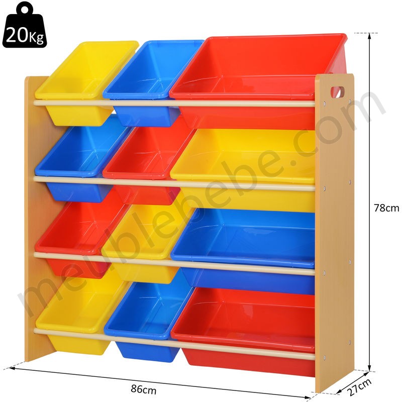 Étagère pour jouets enfants meuble de rangement 12 casiers plastique amovibles inclus cadre MDF coloris bois de hêtre en solde - -2