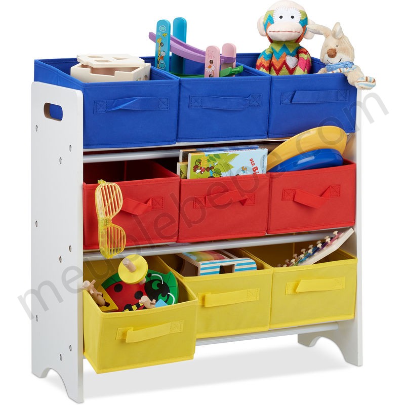 Étagère enfants tiroirs, 9 Boîtes de rangement jouets colorées, MDF, HLP : 62 x 63 x 28cm, blanc/multicolore ventes - -0