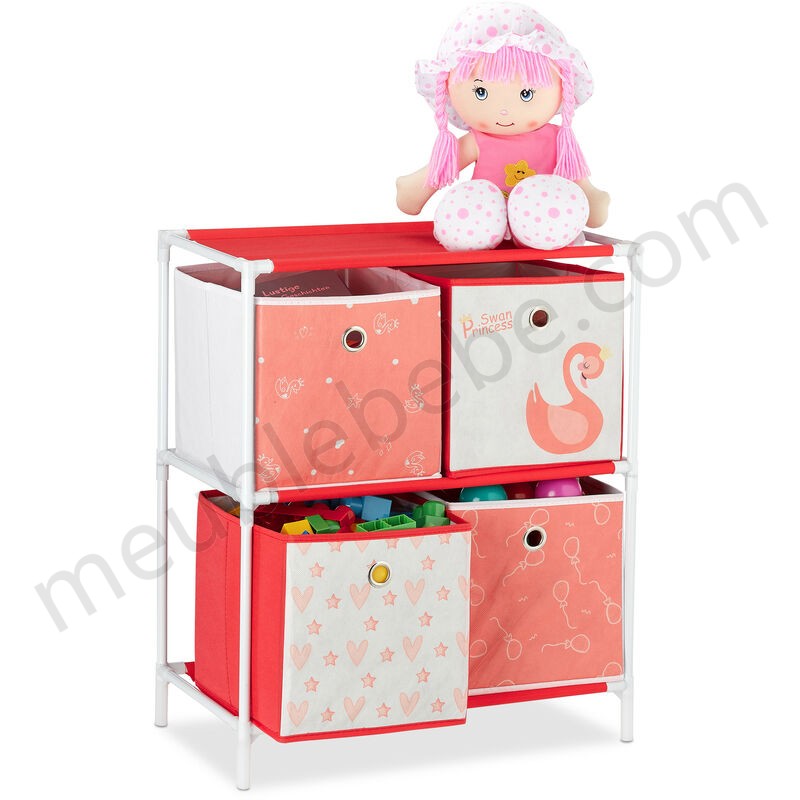 Etagère enfant avec boîtes, jouets, Fillette, design Cygnes, meuble enfants,HlP:62 x 53 x 30 cm,blanc/rouge en solde - -0