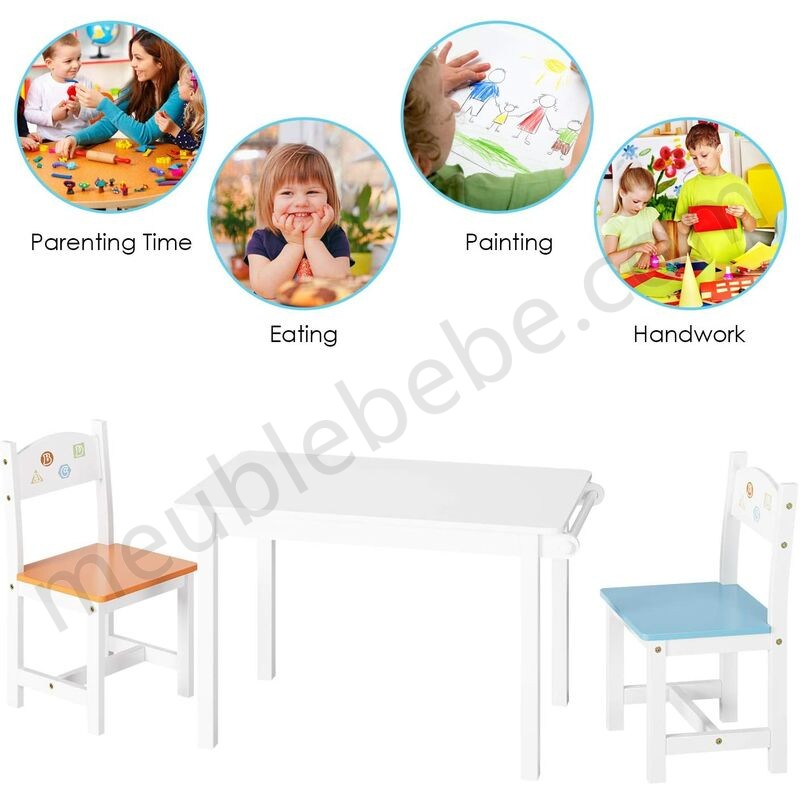 FIXKIT Ensembles de table et chaises pour enfants Meubles d'étude pour enfants 1x table et chaises 2X avec porte-rouleaux en bois en solde - -2